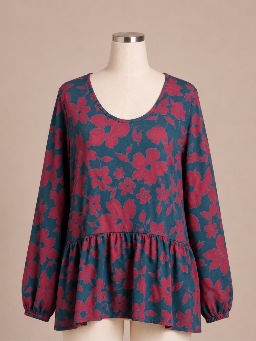 Chic Soul 2X Teal Burgundy Floral Babydoll Peplum Long Sleeve Blouse Plus